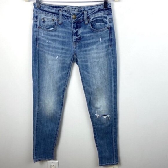 American Eagle Boy Jean Button Fly Stretch Jeans Women Size 00 Distressed Denim - Picture 5 of 8